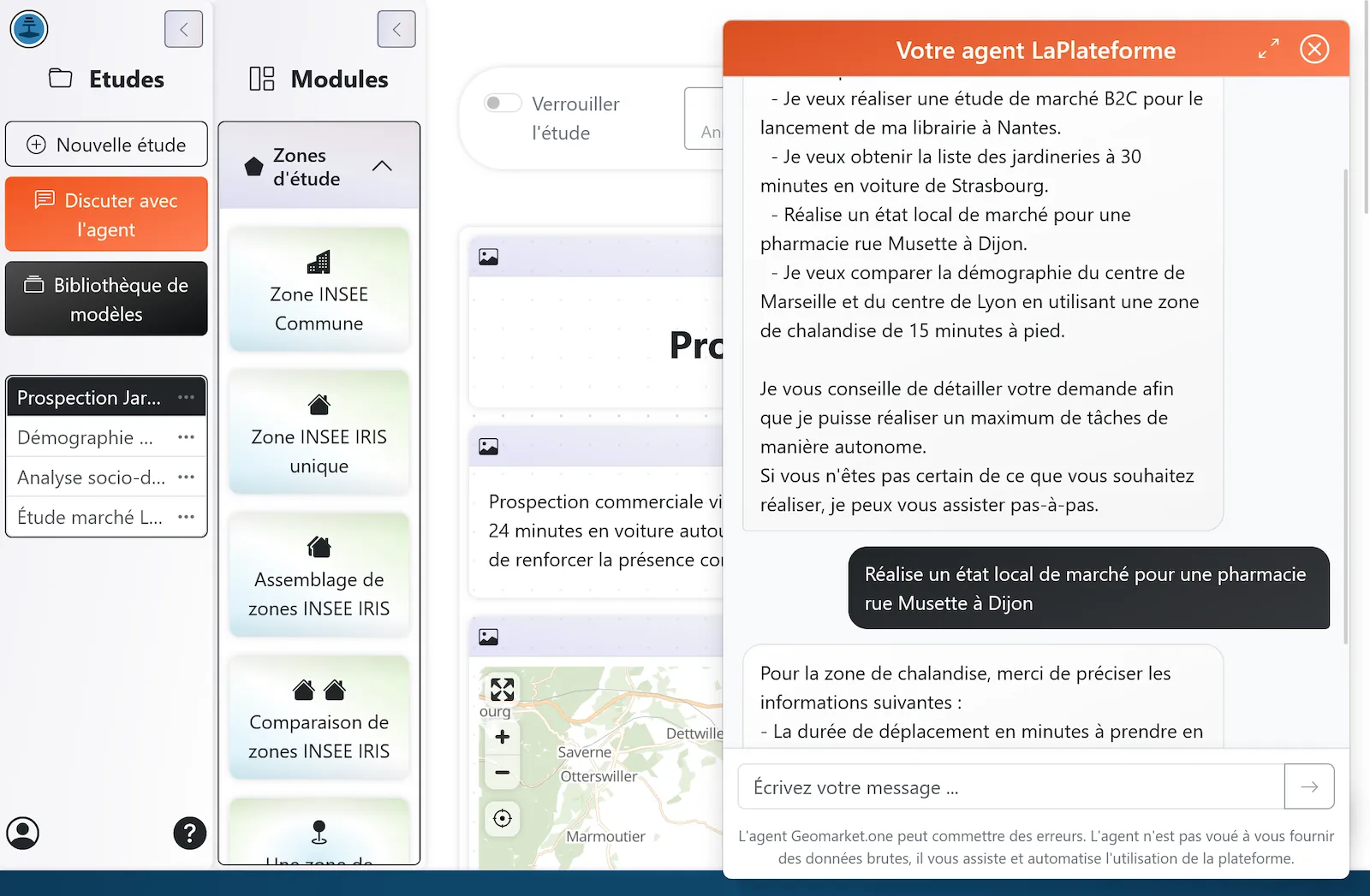 L’agent Geomarket.one accompagne la création d’une étude dans LaPlateforme.
